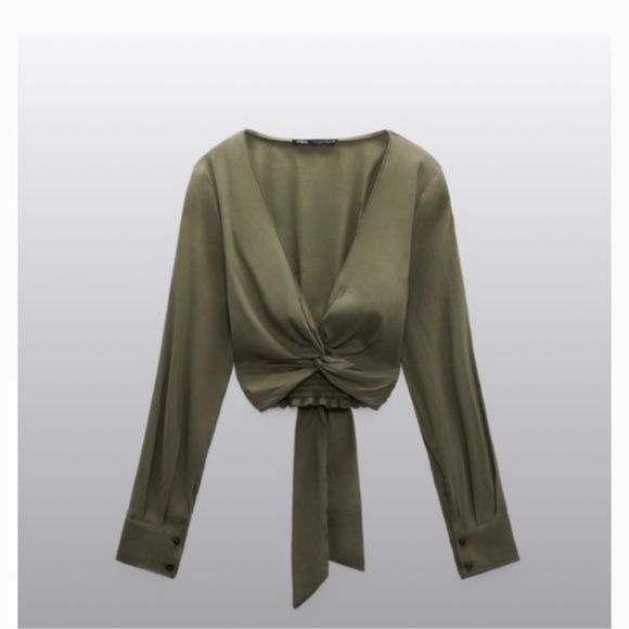 Zara Olive Green Linen Knotted Top - Picture 1 of 3